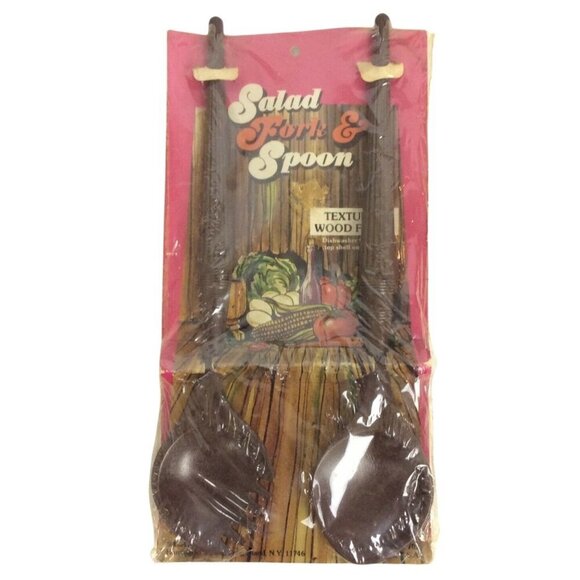 Vintage Salad Fork & Spoon Set Brown Plastic Wood Texture Saladtime Inc 1970s - Picture 1 of 3